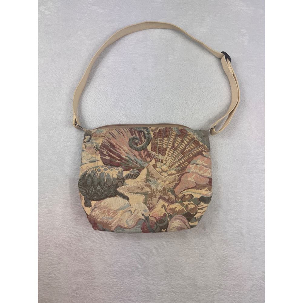 Vintage Woven Tapestry Sea Life Crossbody Bag Nautical Turtle Starfish Shells